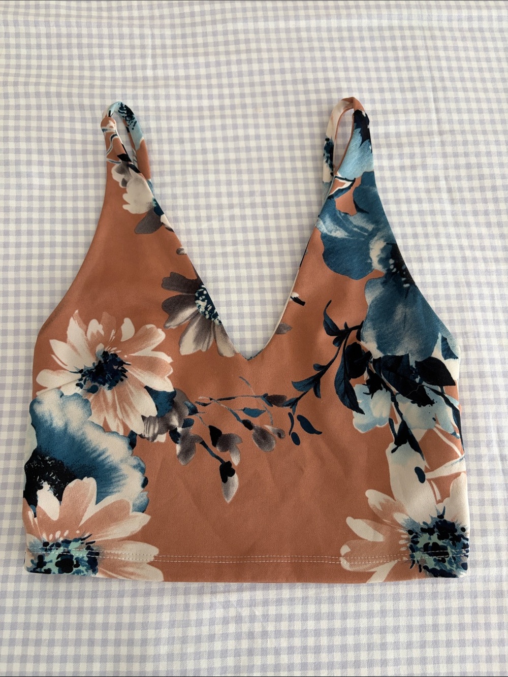 Floral V-Neck Crop Top - Rusty Blue